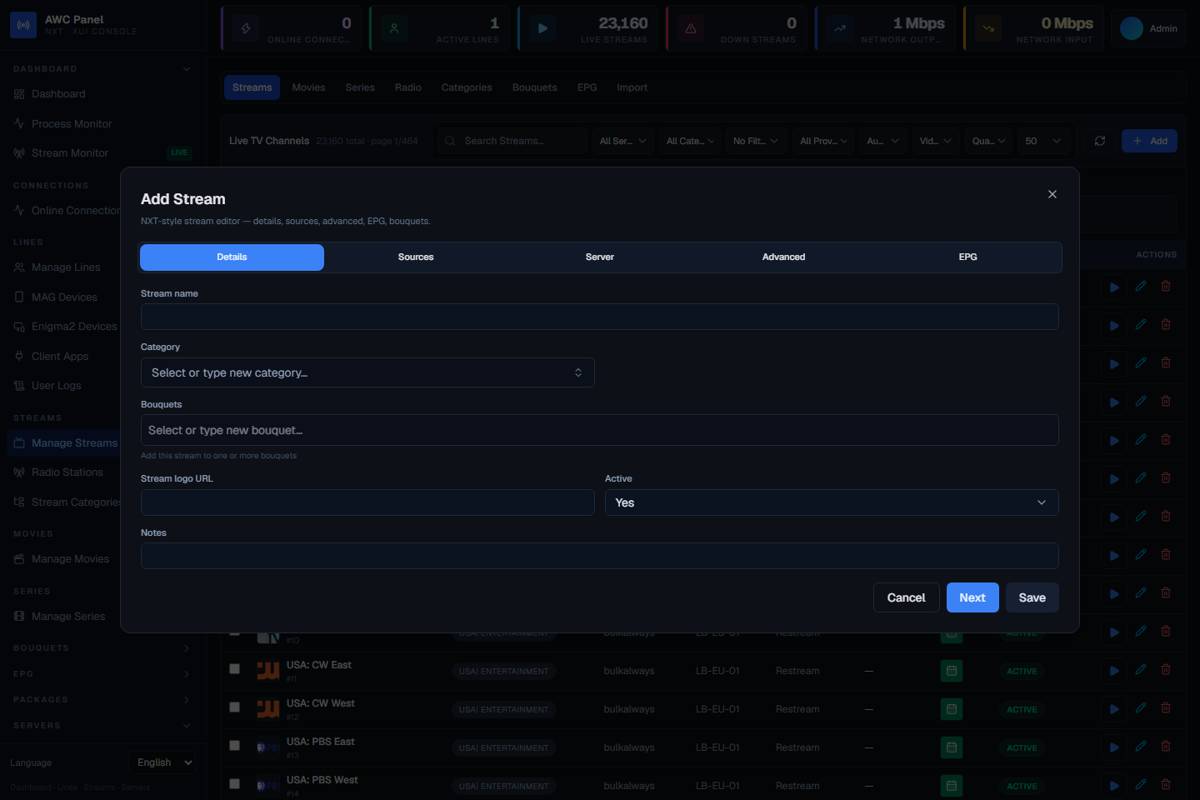 Stream editor — details, bouquets, categories, logos