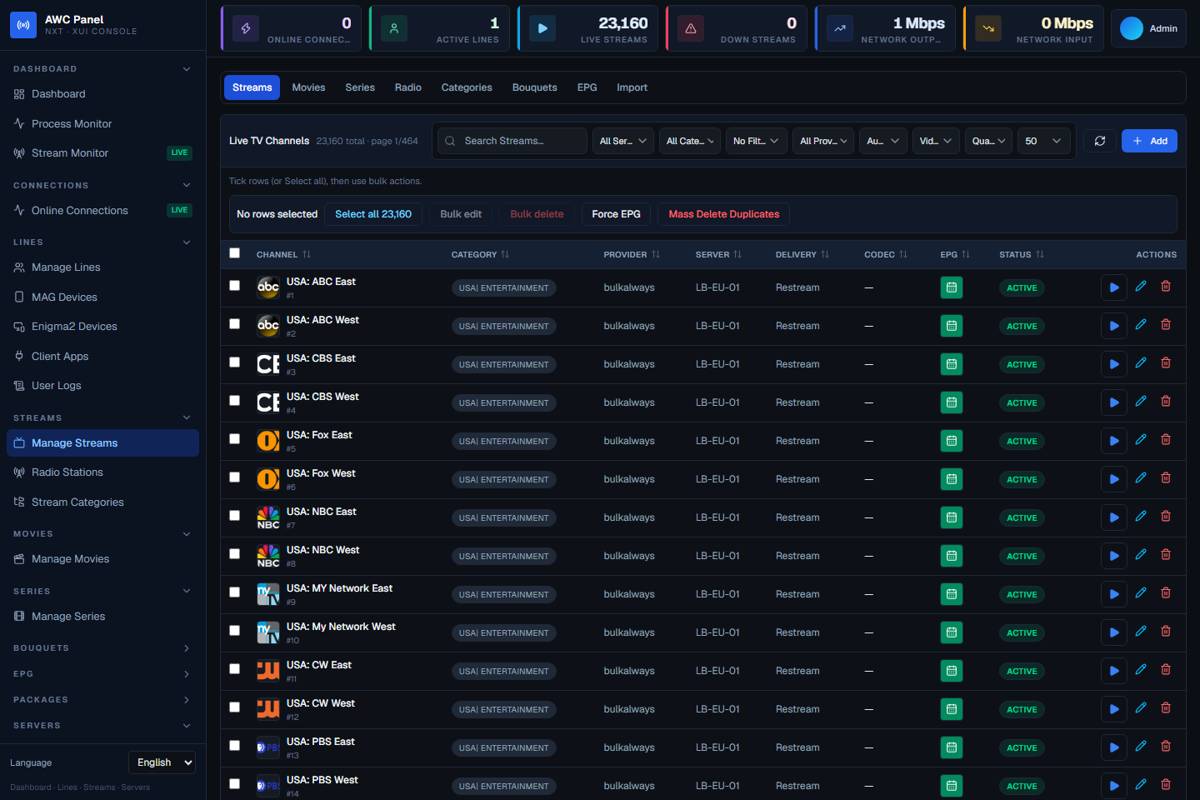 Live TV manager — 23,000+ channels, EPG, restream, bulk tools